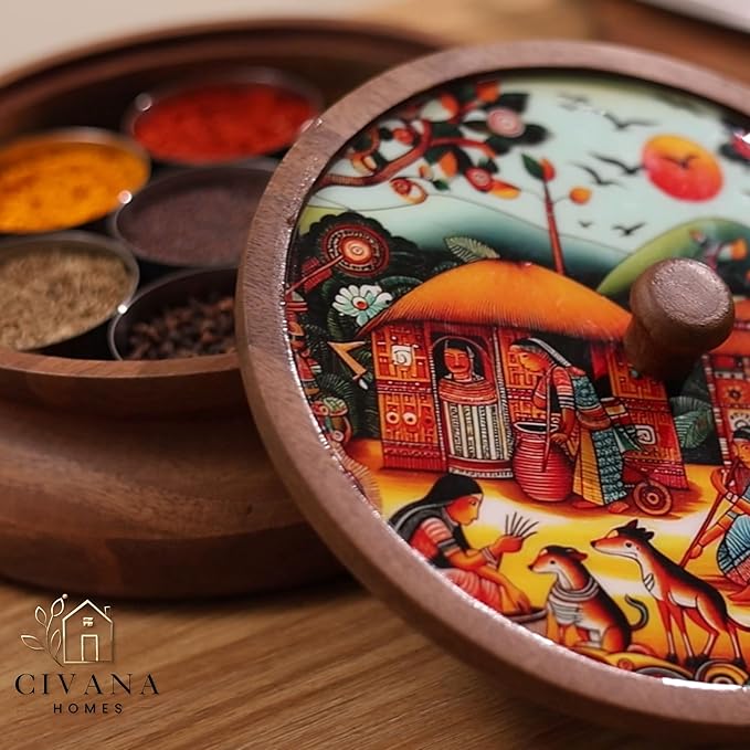 Wooden Spice box for kitchen with spoon, Mango wood box with 7 Steel containers | Masala box for kitchen | Masala Dani | Best Gift (Red Masala Box)