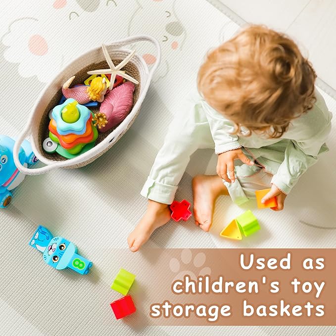 Small Woven Baskets for Organizing with Handle Cute Cotton Basket for Nursery Gift Dog Cat Toy Storage Basket for Toy Organizer-Brown