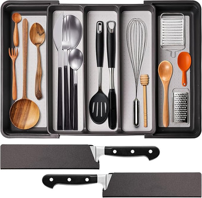 Silverware Drawer Organizer, Expandable Large Drawer Organizer, BPA Free Flatware and Cutlery Tray, Adjustable Storage with Anti-Slip Linner inside for Spoons Forks Knives with 2 Knife Guards, Grey