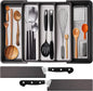 Silverware Drawer Organizer, Expandable Large Drawer Organizer, BPA Free Flatware and Cutlery Tray, Adjustable Storage with Anti-Slip Linner inside for Spoons Forks Knives with 2 Knife Guards, Grey