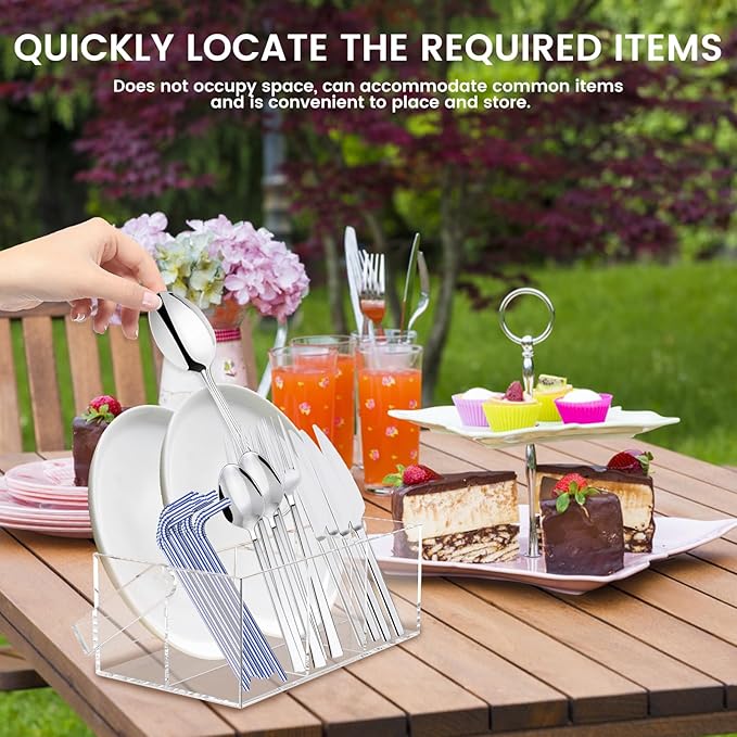 Acrylic Utensil Holder Silverware Organizer with Handle and 4 Compartments Multipurpose Party Utensil Holder for Countertop Table Buffet Picnic Clear Kitchen Space-Saving