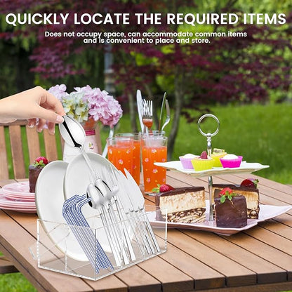 Acrylic Utensil Holder Silverware Organizer with Handle and 4 Compartments Multipurpose Party Utensil Holder for Countertop Table Buffet Picnic Clear Kitchen Space-Saving