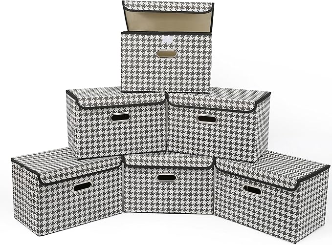 STOREONE Fabric Storage Cube Bins Foldable Organizer Container Collapsible Basket with Lids and Metal Handles, for Home, Bedroom, Closet 6 Pcs (Houndstooth)
