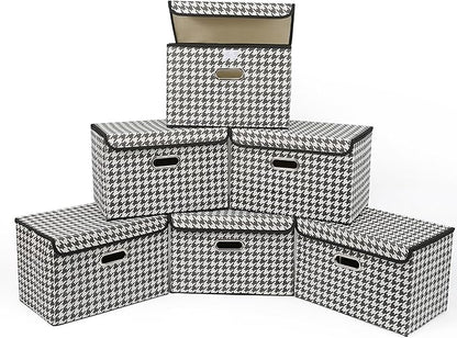 STOREONE Fabric Storage Cube Bins Foldable Organizer Container Collapsible Basket with Lids and Metal Handles, for Home, Bedroom, Closet 6 Pcs (Houndstooth)