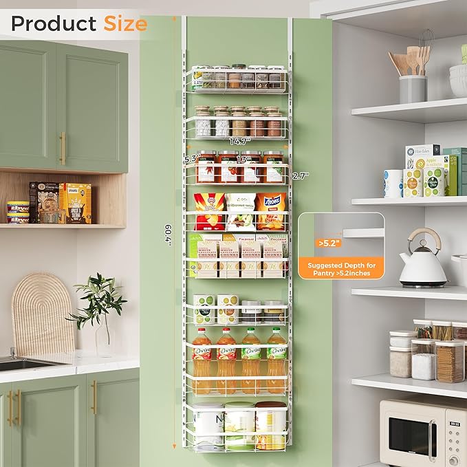 TOPCJ Over the Door Pantry Organizer,8-Tier Adjustable Heavy Duty Metal Hanging Storage Rack,Wall Mount Spice Shelf for Kitchen Bathroom Laundry Organization