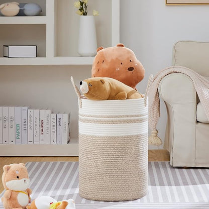 VIPOSCO Large Laundry Hamper, Tall Woven Rope Storage Basket for Blanket, Toys, Dirty Clothes in Living Room, Bathroom, Bedroom - 72L Brown & White