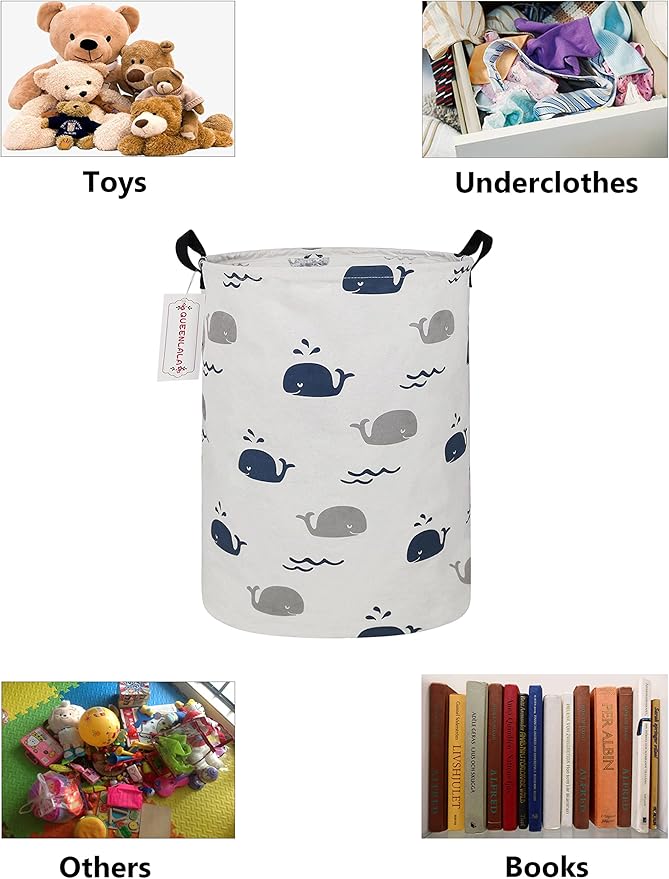 QUEENLALA Large Storage Basket,Laundry Hamper/Bathroom/Home Decor/Collapsible Round Storage Bin,Boys and Girls Hamper/Boxes/Clothing(Round-Blue Cute Whale)