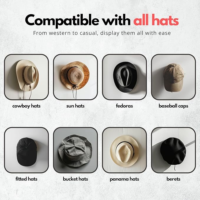 Modern JP Adhesive Cowboy Hat Hooks for Wall (12-Pack) – 3-Inch Wall Mount for Secure Hold, Wide Brim Hat Organizer, Western Room Decor – Black