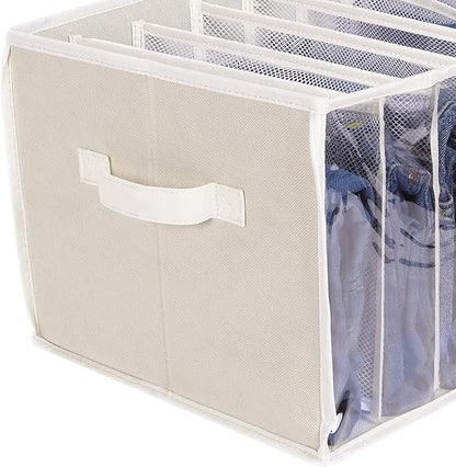 Zilink Upgraded Wardrobe Clothes Organizer with Support Board Clear Pants Organizer for Closet with 7 Grids Divider Extra Large Closet Drawer Organizer for Jean Pant Sweaters T-Shirt, 6 Pack, Beige