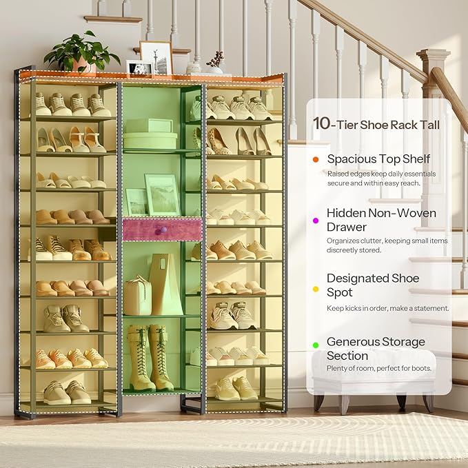 HOOBRO Shoe Rack, 10-Tier Large Capacity Shoe Storage Organizer with Metal Shelves, 63" H Shoe Shelf for Front Door Entrance, Closet, Holds 50-52 Pairs of Shoes, Rustic Brown