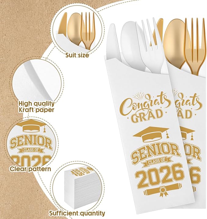 Funnymoom 400 Pcs 2026 Graduation Wrapped Silverware Bags Holder - Disposable Dinnerware Set Includes Plastic Spoons Knives and Forks, Class of 2026 Parties School Congrats Supplies(White and Gold)