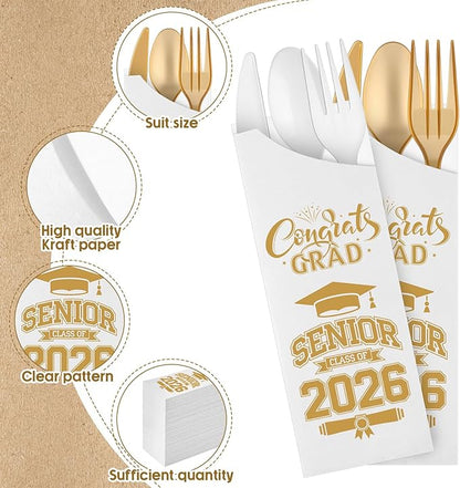 Funnymoom 400 Pcs 2026 Graduation Wrapped Silverware Bags Holder - Disposable Dinnerware Set Includes Plastic Spoons Knives and Forks, Class of 2026 Parties School Congrats Supplies(White and Gold)