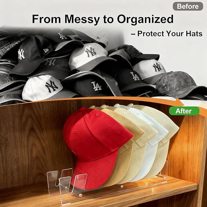 CARUUYI Hat Stand Organizer for Baseball Caps, Acrylic Hat Holder & Rack, 2PCS Clear Stand for 16 Caps, Ideal for Bedroom, Closet, Dresser, Office and Entrance (7, Clear)