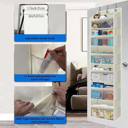 Over the Door Organizer Storage 6 Tier, 12 Large Capacity Side Pockets, Heavy Duty Metal Reinforced Hook Anti Tilt 75 LB Load Behind Door Storage for Bedroom Bathroom Pantry Nursery