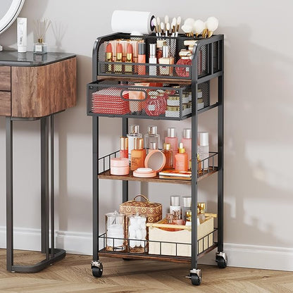 HapiRm Makeup Organizer Storage Cart - 4 Tier Skincare Make Up Storage with Drawer, Rolling Makeup Cart Vanity Organizer Cosmetics Display Cases Holder for Skin Care Perfume Nail Polish Brush