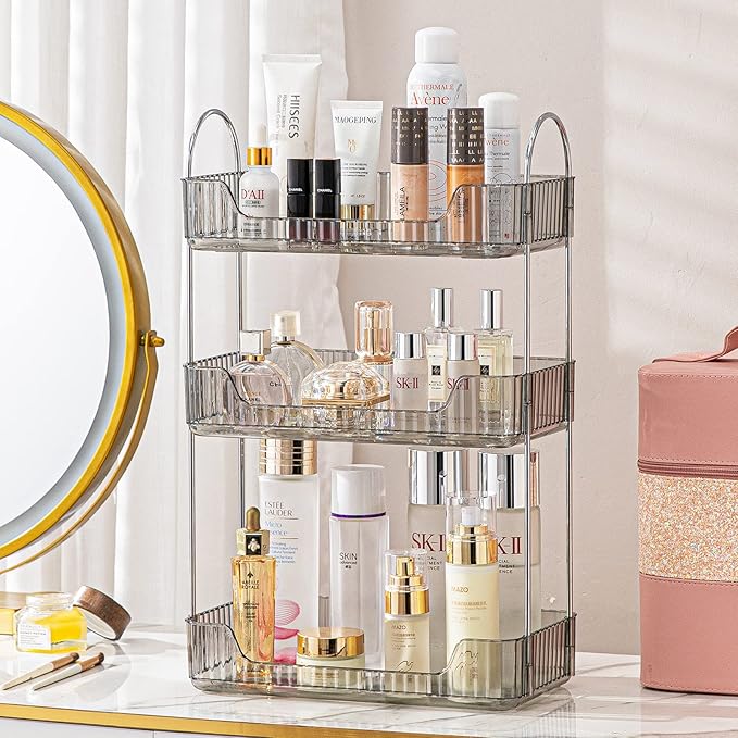 shuang qing 3 Tier Bathroom Counter Organizer Countertop Storage, Cosmetics Skincare Shelf Organizer, Makeup Organizer Perfume for Dresser Vanity Tray, Spice Rack Organizer for Kitchen - Gray
