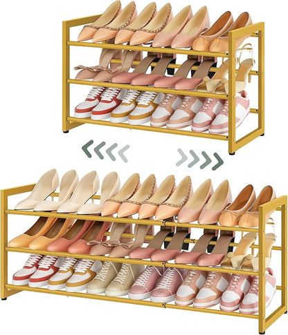 FAVOOSTY 3-Tier Expandable Shoe Rack, Adjustable Shoe Shelf Storage Organizer Space Saving Metal Free Standing Shoe Rack for Entryway Closet Doorway, Gold