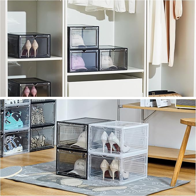 Attelite Hat Organizer for Baseball Caps, set of 6, Stackable Hat Storage Box With Transparent Magnetic Door, Hat Rack, Easy to Assemble Stylish Display(Clear Black)