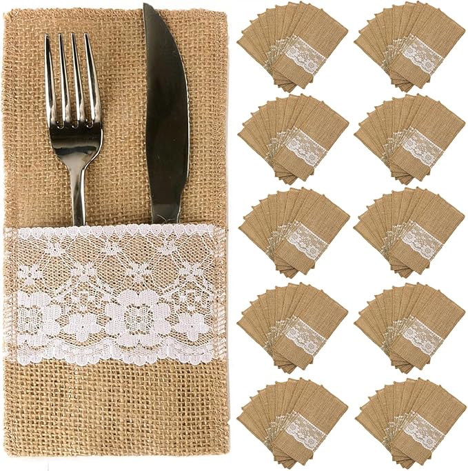 TM 100 Pack Natural Burlap Cutlery Holder Pouch Bag 4x8.5 Inch with Lace Silverware Napkin Holders Wedding Party Bridal Shower Table Setting Table Decoration