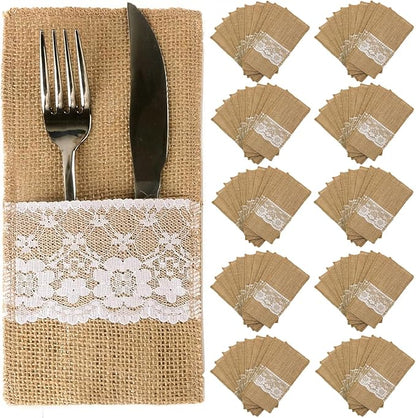 TM 100 Pack Natural Burlap Cutlery Holder Pouch Bag 4x8.5 Inch with Lace Silverware Napkin Holders Wedding Party Bridal Shower Table Setting Table Decoration