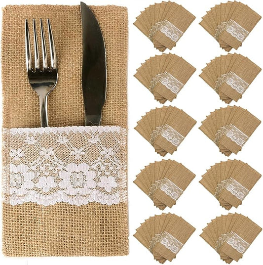 TM 100 Pack Natural Burlap Cutlery Holder Pouch Bag 4x8.5 Inch with Lace Silverware Napkin Holders Wedding Party Bridal Shower Table Setting Table Decoration