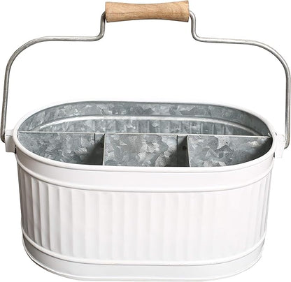 Alpha Living Home Rustic Heavy Duty Alloy Multi-Compartment Silverware Caddy - Metal Utensil Versatile All-in-One Organizer for Kitchen, Bathroom & Office Utensils, Flatware, and Accessories (White)