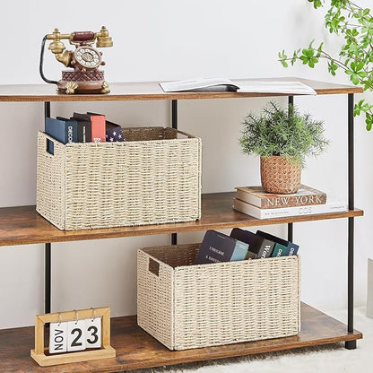 Vagusicc Wicker Storage Basket, Set of 2 Hand-Woven Paper Rope Wicker Basket, Small Storage Baskets for Organizing Toilet Paper Baskets, Foldable Large Cube Storage Organizer Bin for Shelves (Beige)