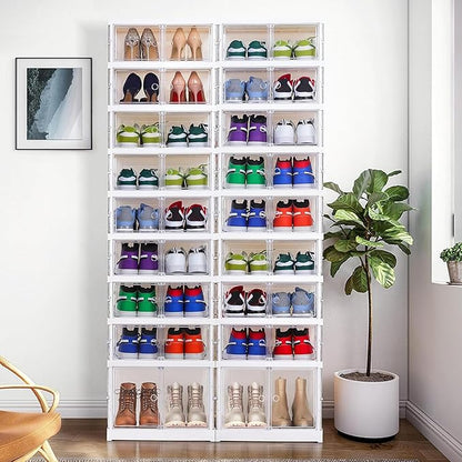 Foldable Storage Box - Easy Assembly Clear Plastic Stackable Shoe Storage Cabinet Organizer with Lids - Large Size Shoe Rack (9 layers clear)
