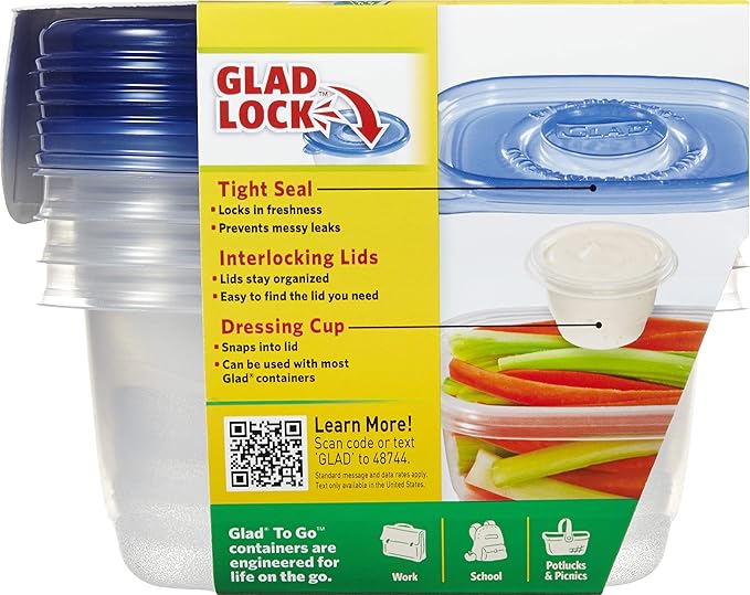 Glad GladWare To Go Snack Food Storage Containers with Lids, Medium Rectangle BPA Free Plastic with Built-In Dressing Cup for Salads and Snacks, Microwave Dishwasher Safe, 24 Oz, 4 Count - 6 Pack