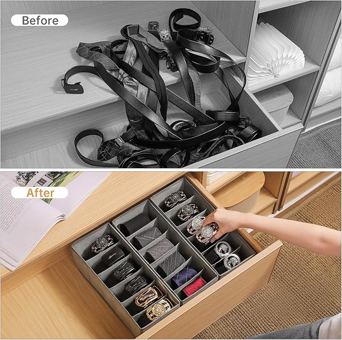 3 Packs Fabric Belt Organizer for Closet and Drawer, Foldable 6 Grids Dresser Drawer Organizers, Belt Tie Holder, Tie Box-Grey