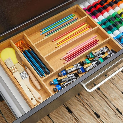 Juvale Kitchen Drawer Organizer Tray - 17 x 11.75 x 1.75 in, Natural Wood, 6-Slot Utensil & Cutlery Organizer - Silverware Holder & Storage Tray