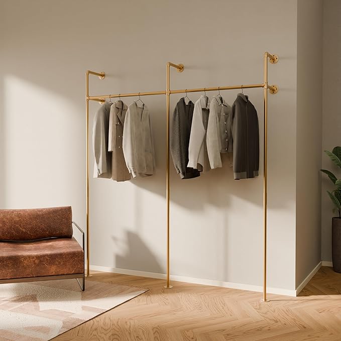 pamo Gold Clothing Rack Wall Mounted – Pipe Closet System in Gold Powder-Coated Steel – 79" W × 87" H, 530 lbs – Boutique, Walk-In Closet & Retail