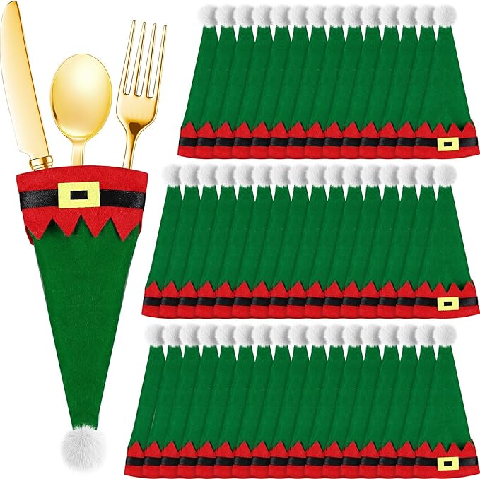 Hiboom Christmas Cutlery Holders 50 Pcs Hats Cutlery Holders Set Non Woven Fabric Silverware Storage Bag Santa Tableware Bags for Table Flatware Wine Bottle Xmas Tree Party Dinner