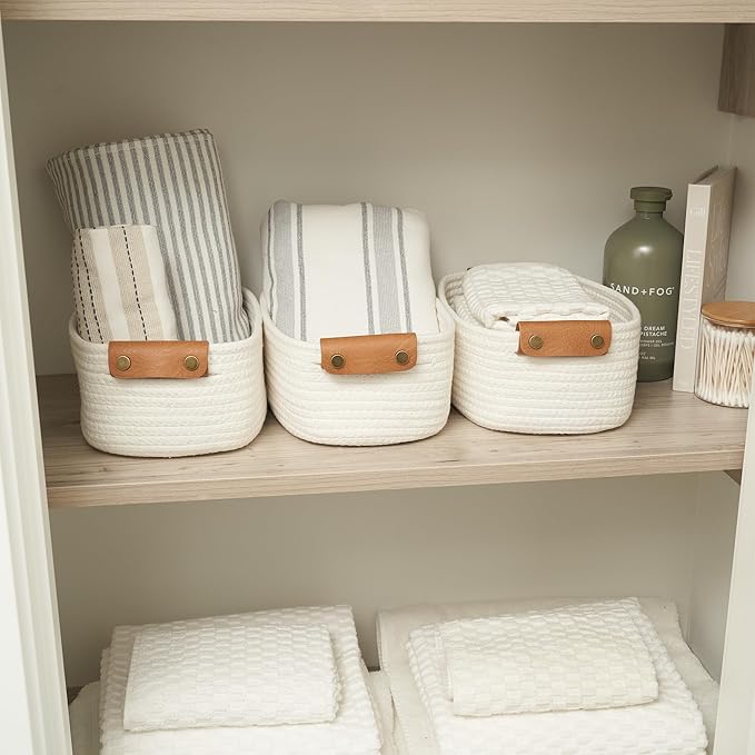 Beautiful Storage Basket Set of 3 - Sturdy Jute Rope Baskets for Shelves Are Perfect for Organizing Your Home - Quality Storage Bins Easily Fit With Any Nursery or Bedroom Decor