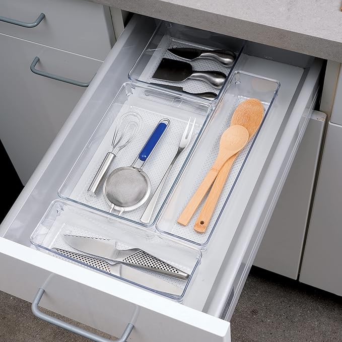 Oggi Clear Drawer Organizer - 6.25" X 15.75" (Set of 6) - Ideal for Organizing Kitchen Drawers, Office, Desk, Silverware, Kitchen Utensils, Cosmetics and Bathrooms