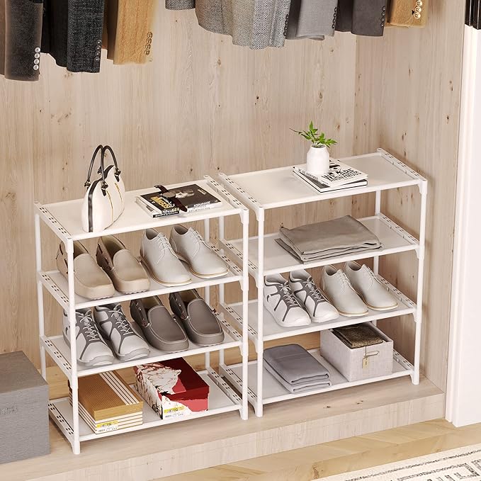 4-Tier Small Shoe Rack Space Saving Shoe Shelf Storage Organizer for Entryway Hallway Closet Bathroom Garage,Stackable Shoe Stand(White)