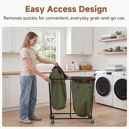 StorageWorks 330L Extra Large Laundry Hamper with Wheels, 2 Sections Laundry Basket with Wheels, Clothes Sorter Cart with Divider for Hotel, Home, Green, 1-Pack
