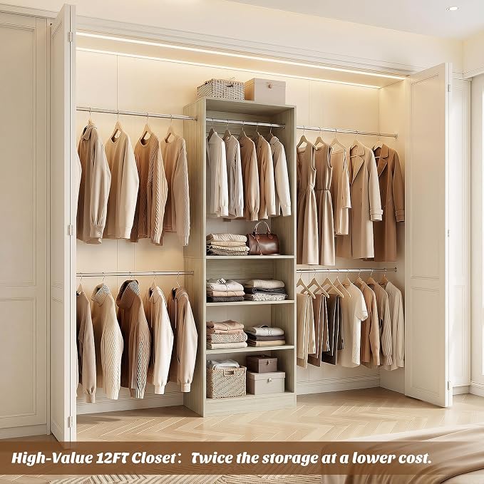 12FT Large Open Closet System, 138'' Wall-Mounted Closet Shelving with 5 Hanging Rods and 6 Shelves, Customizable Wardrobe for Walk-In Closets, Fits 5–12FT Spaces,White Oak