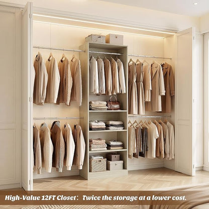 12FT Large Open Closet System, 138'' Wall-Mounted Closet Shelving with 5 Hanging Rods and 6 Shelves, Customizable Wardrobe for Walk-In Closets, Fits 5–12FT Spaces,White Oak
