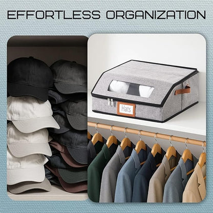 Hat Storage Box for Baseball Caps, Large Hat Organizer with Clear Window, Hat Travel Case with Removable Dividers for 30 Caps & Cowboy Hats, Stackable Dustproof Hat Organizer for Closet & Travel, Grey