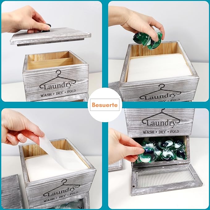 Farmhouse Dryer Sheets Holder & Laundry Pod Container, Rustic Grey Wooden Laundry Pod Dispenser, Dryer Sheets Container Laundry Room Organizers And Storage