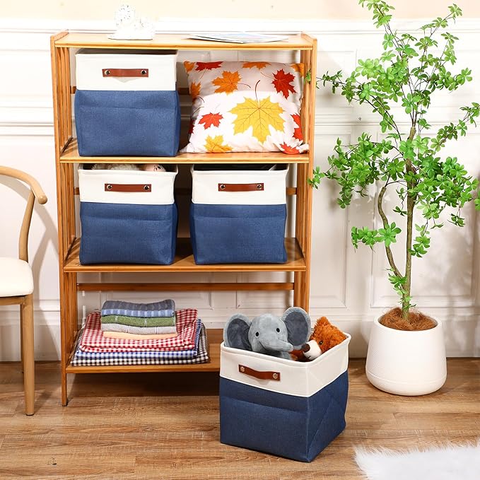 Uiifan 8 Pack 12 x 12 x 12 Inch Large Storage Baskets Collapsible Fabric Storage Cubes Bins with Handles for Shelves Closets Nursery Home Clothes Toys Organizers, Blue
