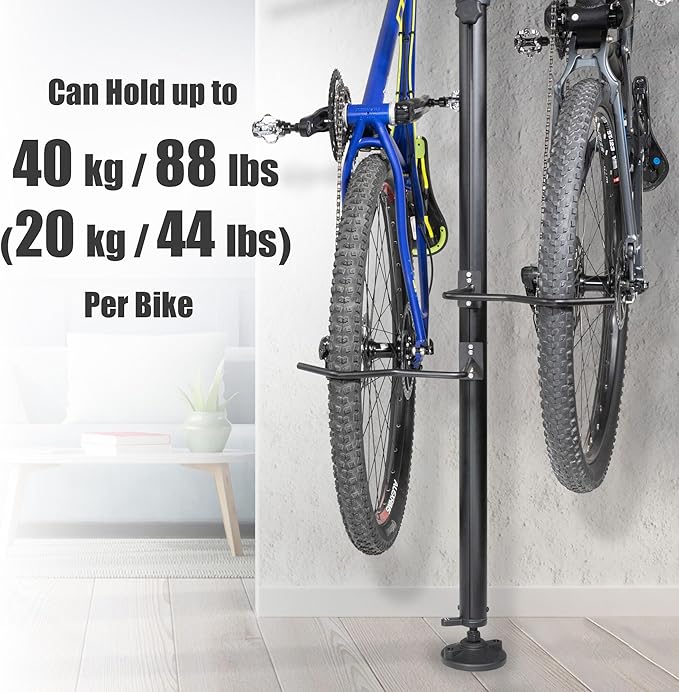 CyclingDeal Floor to Ceiling 2 Bike Storage Stand | Adjustable Aluminum Dual Hanger Pole Rack with Gravity Hooks & Locking Mechanism | Extends 5ft to 10ft | No-Drill Indoor Garage Apartment