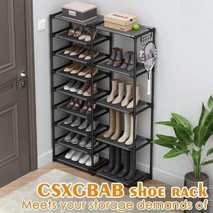 CSXGBAB Tall Garage Shoe Rack Large Capacity,Two Rows Versatile Hooks Storage Boot Shelf Black 24-35 Pairs