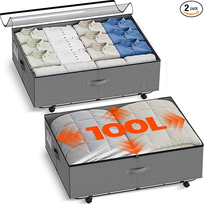 XXXL 100L Under Bed Storage with Wheels, Rolling Storage Containers with Support & Clear Lid, Heavy-Duty Metal Frame, Easy Pull-out, Underbed Storage Bins for Clothes, Shoes, Blankets, and Toys 2 pack