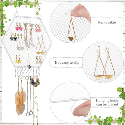 Jetec 2 Pcs Earring Wall Holder Wall Mounted Earring Organizer Hanging Jewelry Stand Decorative Diamond Grid Shape Display Rack with Hooks for Earrings Necklace Bracelet(White)