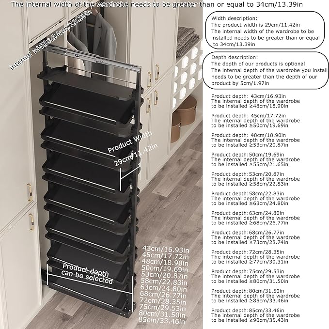 Pull-Out Shoe Rack Organizer for Closet Shoe Cabinet,Adjustable Height Retractable Metal Stackable Shoe Rack, Vertical Shelf Organizer for Small Bedroom Closet, Space Saving Storage, Black(85cm,6 Tier