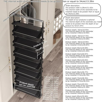 Pull-Out Shoe Rack Organizer for Closet Shoe Cabinet,Adjustable Height Retractable Metal Stackable Shoe Rack, Vertical Shelf Organizer for Small Bedroom Closet, Space Saving Storage, Black(53cm,14 Tie