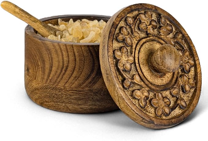 Mie Creations Rustic Salt Box Cellar with Hand Carved Lid & Spoon, Wooden Salt Pinch Bowls | Wood Salt Pepper Keeper, Spice Bowls for Cooking, Sugar Holder for Kitchen, Christmas Thanksgiving Decor