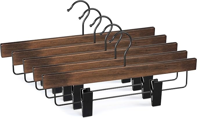 TOPIA HANGER Pants Hangers, Wooden Skirt Hangers with Adjustable Metal Clips, Premium Retro Finish and 360° Swivel Black Hook, Jean Hangers for Closet,10 Pack, CT03A
